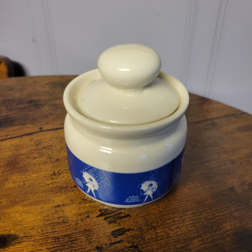 Rare Vintage Morton salt Cream and Blue Ceramic Jar lid